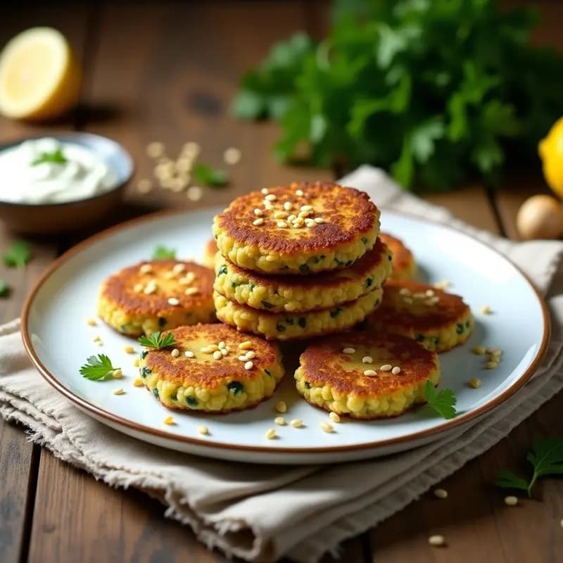 Tortitas doradas de calabacín y quinoa sin huevo sobre bandeja de horno, crujientes por fuera y esponjosas por dentro, decoradas con semillas de sésamo tostadas.