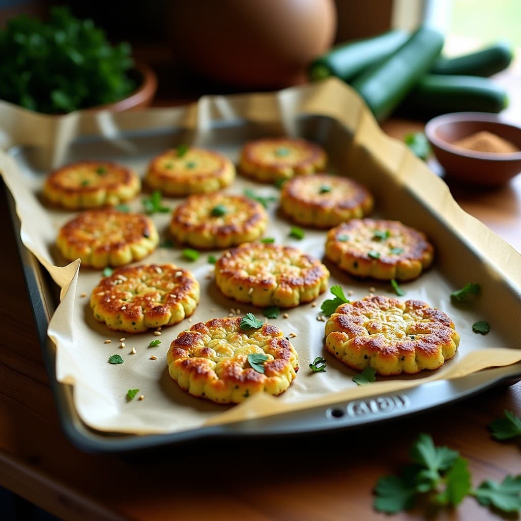 Bandeja de tortitas doradas de calabacín al zaatar, crujientes y con semillas de sésamo, servidas sobre papel de horno con un toque de perejil fresco.