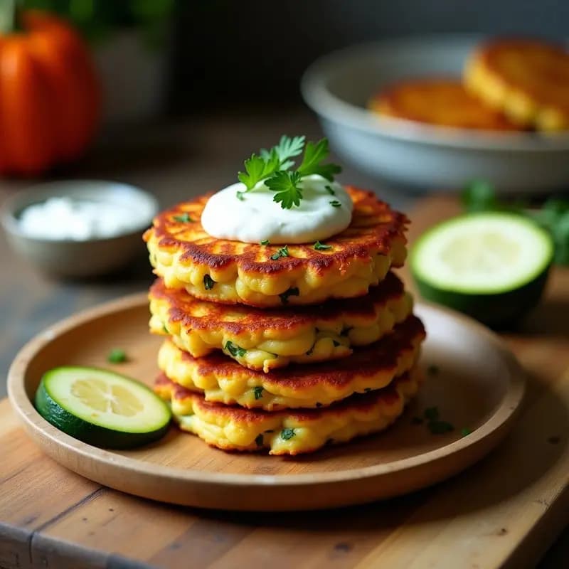 Tortitas doradas de calabacín y zanahoria al horno, apiladas con un toque de yogur griego y perejil fresco, sobre fondo rústico de madera.