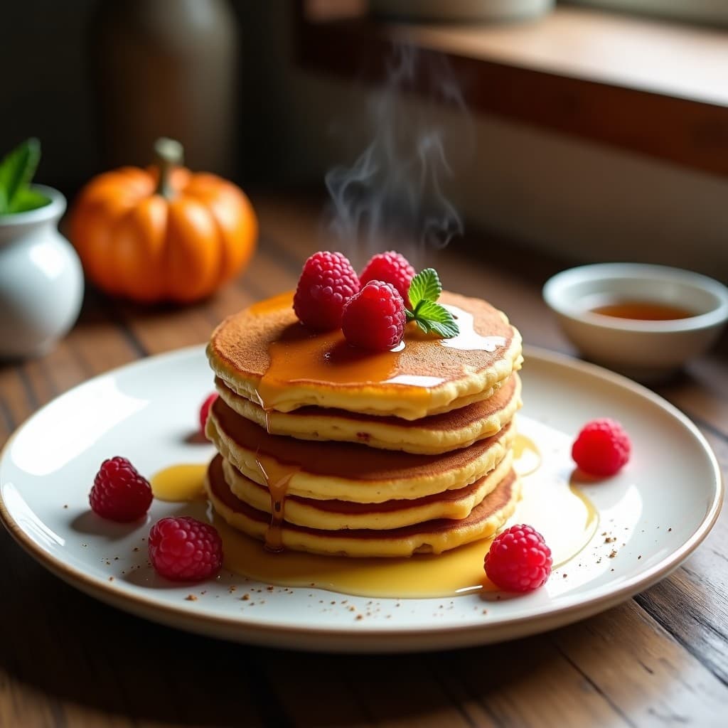 Pila de tortitas doradas de calabaza y almendra keto, servidas en plato blanco con sirope sin azúcar y frutos rojos, receta sin harina y esponjosa.