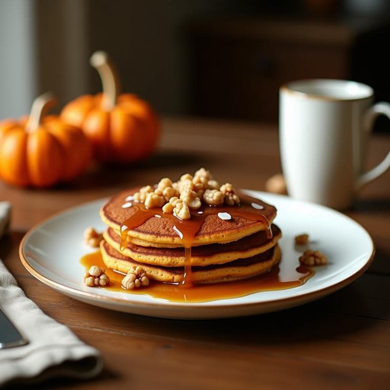 Plato de tortitas doradas de calabaza y coco apiladas, bañadas en sirop de arce y coronadas con nueces picadas, desayuno keto otoñal sobre fondo rústico de madera.