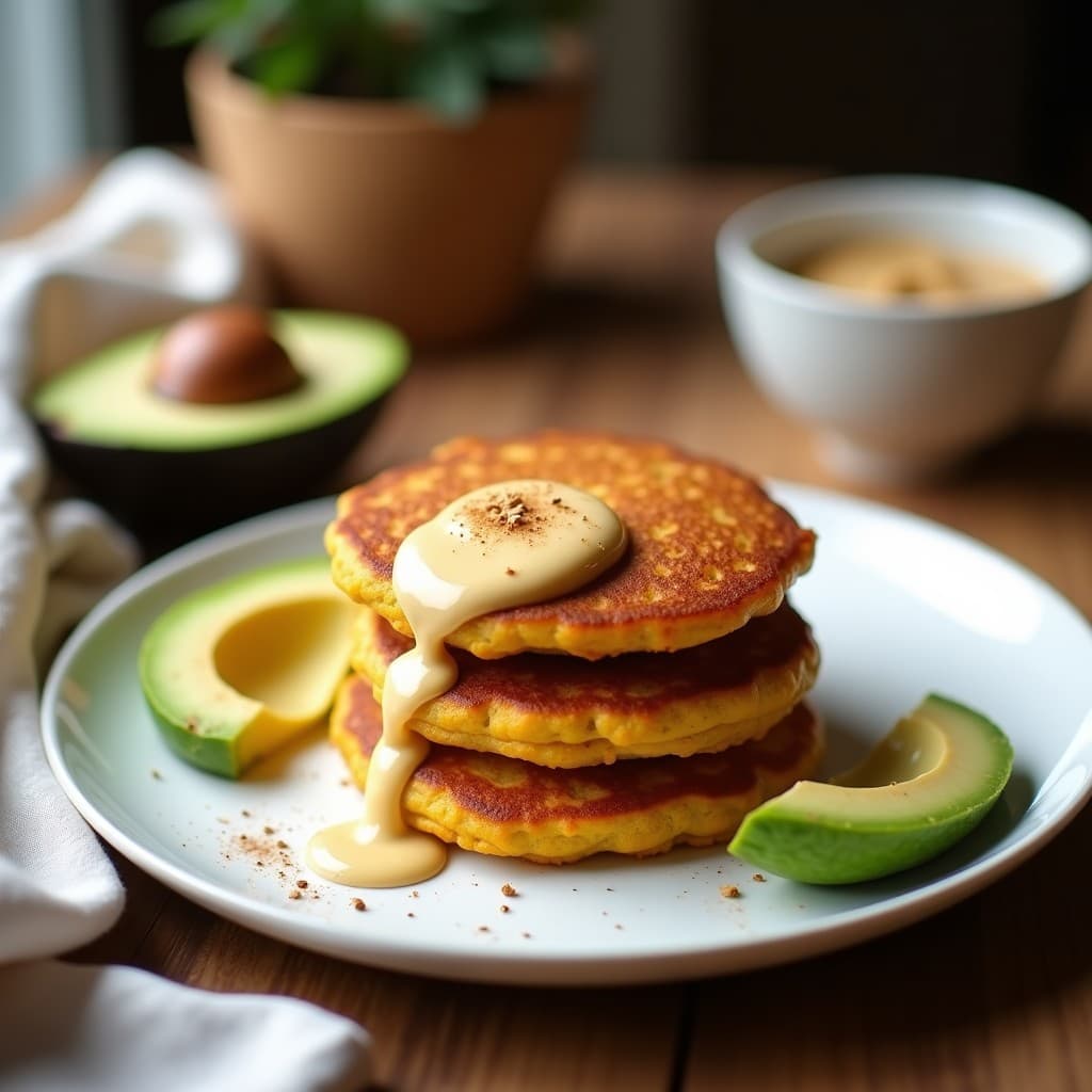 Tortitas doradas y esponjosas de calabaza y semillas de lino servidas en un plato blanco con crema de almendras y rodajas de aguacate, desayuno keto sin horno.
