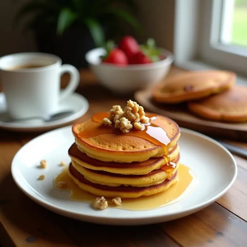 Tortitas doradas de calabaza veganas apiladas en un plato blanco, con nueces picadas visibles y un chorrito de sirope de arce, servidas sobre un mantel rústico.