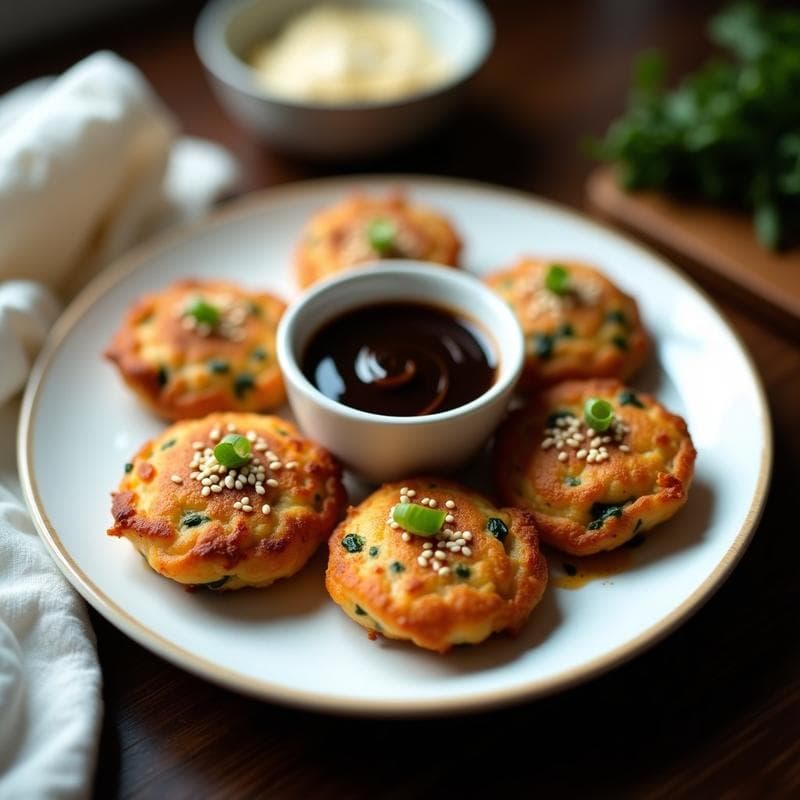 Tortitas doradas y crujientes de camarones y espinacas servidas en un plato blanco con salsa de ajo negro espesa y semillas de sésamo, receta china en airfryer.