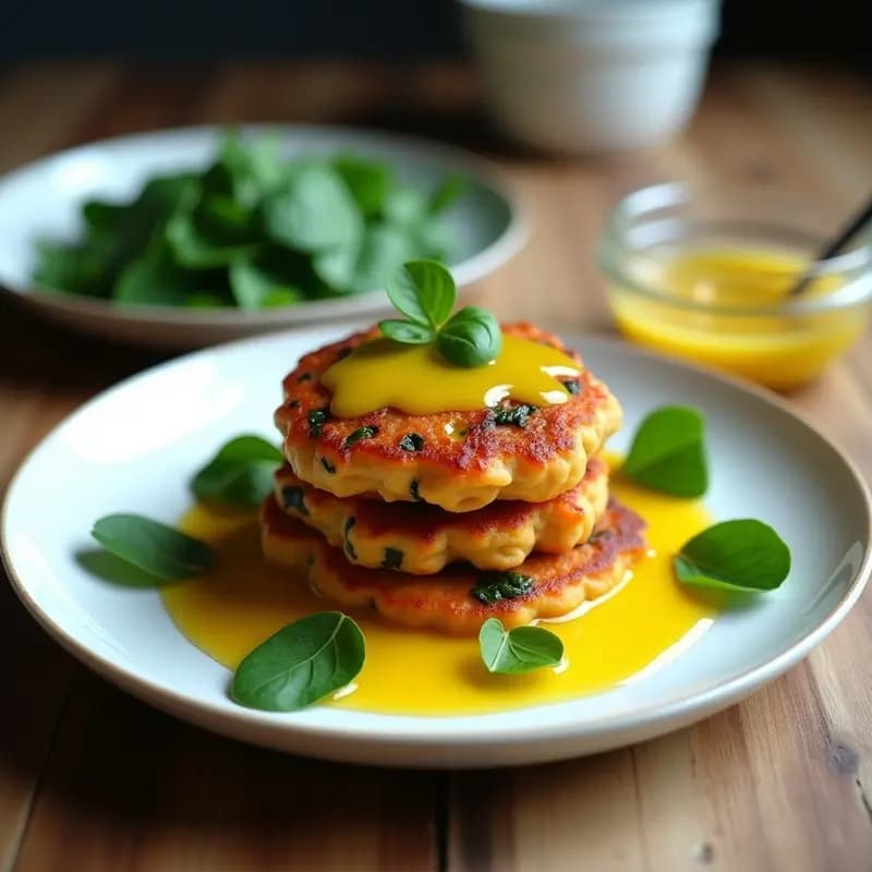 Tortitas doradas de camote y espinacas apiladas en un plato blanco, acompañadas de una vinagreta amarilla de mostaza y miel, con hojas de espinaca fresca como decoración.