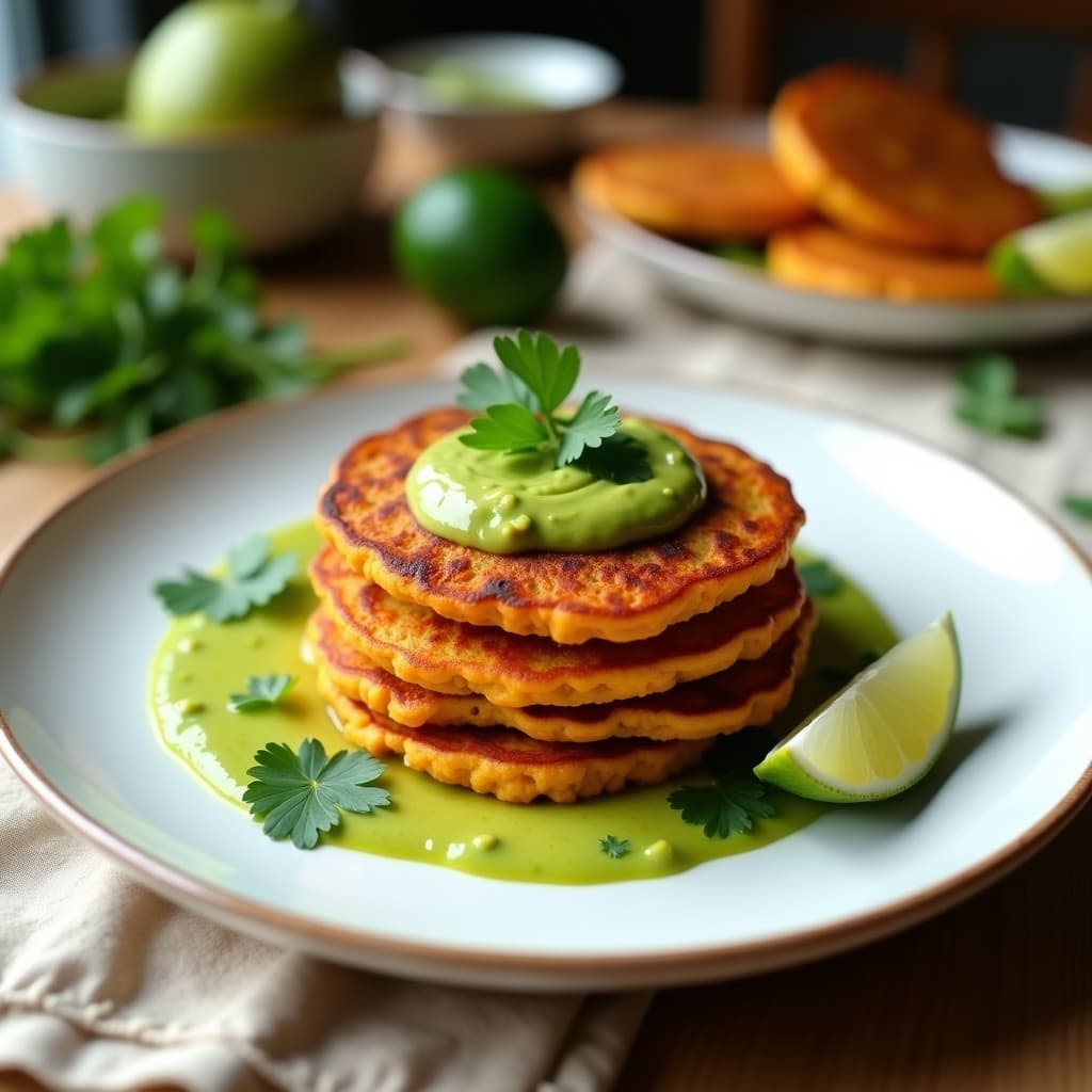 Plato blanco con tortitas doradas de camote y lino dorado apiladas, acompañadas de una cremosa salsa de aguacate verde brillante decorada con cilantro fresco y rodajas de lima, desayuno peruano sin harina.