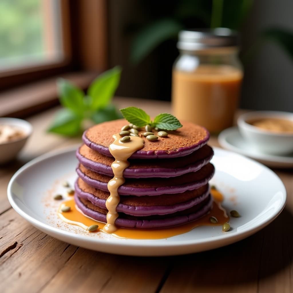 Plato blanco con tortitas de camote morado doradas y esponjosas, apiladas y cubiertas con crema de cacahuete cremosa, decoradas con semillas de girasol y un toque de canela espolvoreada. Desayuno vegano y energético con colores vibrantes.