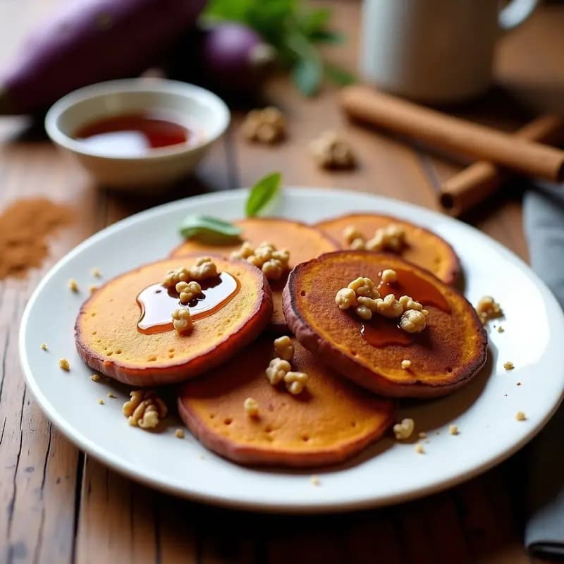 Tortitas doradas de camote morado y linaza servidas en un plato blanco con toppings de nueces picadas y un chorrito de sirope de agave, desayuno vegano sin harina y antioxidante.