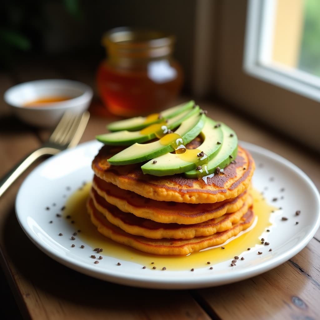 Plato blanco con tortitas doradas de camote y quinoa apiladas, servidas con rodajas de aguacate y un chorrito de miel, sobre un fondo de madera rústica. Desayuno sin gluten y alto en fibra.
