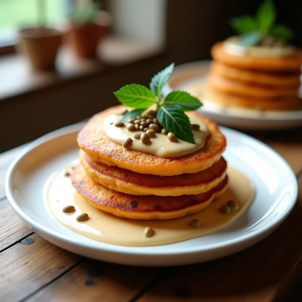 Plato blanco con tortitas doradas de camote morado y semillas de girasol, bañadas en salsa de tahini cremosa, decoradas con perejil fresco y semillas. Desayuno sin harina, vegano y alto en fibra.