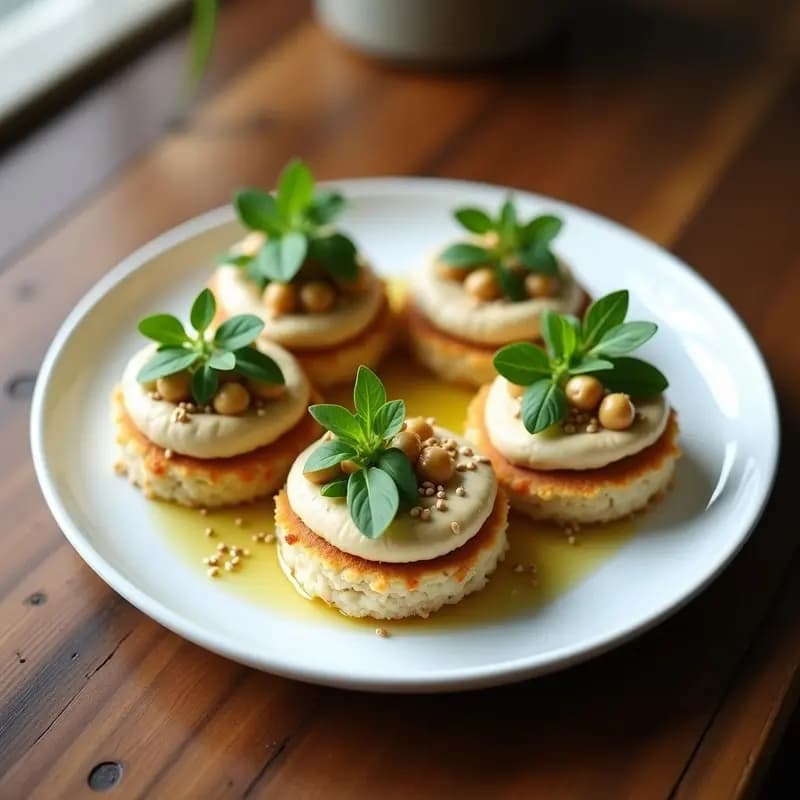 Plato blanco con tortitas de arroz integral redondas, untadas con hummus cremoso, decoradas con berros frescos, garbanzos enteros y semillas de sésamo tostadas, receta sin gluten y rápida para tupper.