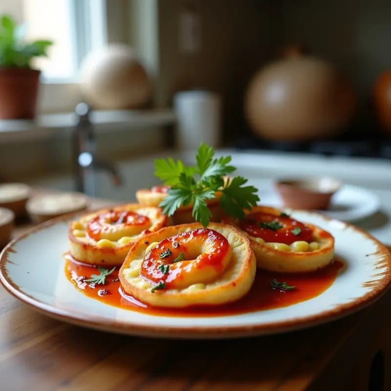 Plato blanco con tortitas de calamares rellenas de espinacas, doradas y crujientes, acompañadas de tentáculos salteados y una rodaja de limón sobre fondo rústico de madera.