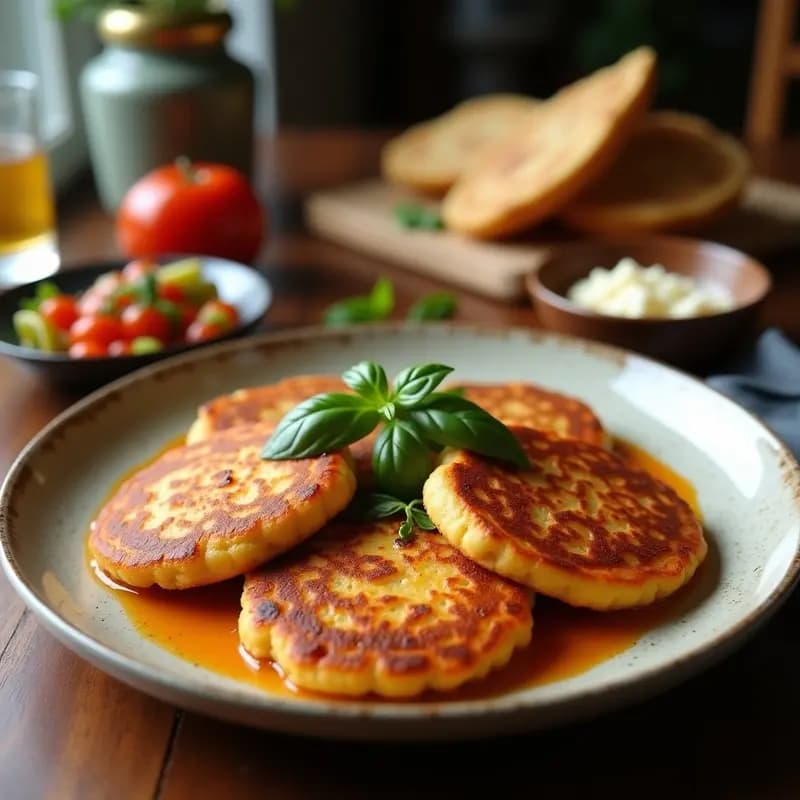 Tortitas doradas de garbanzos picantes con semillas de sésamo, apiladas sobre un plato de cerámica blanca con hierbas frescas al lado, receta para tupper.