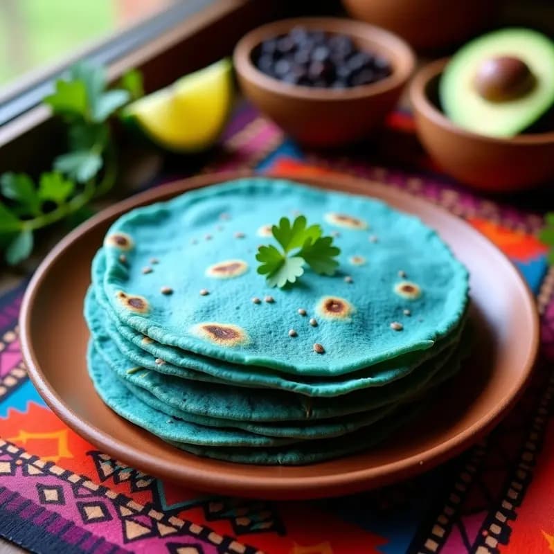 Plato de tortitas de maíz azul veganas apiladas, con color intenso y textura ligeramente rugosa, servidas sobre un paño de cocina tradicional mexicano.