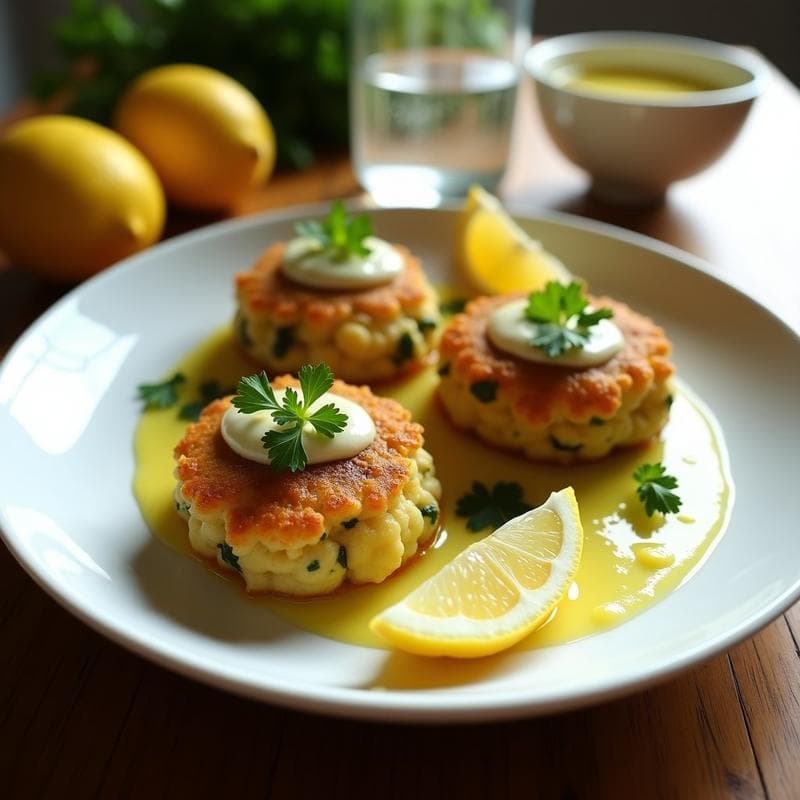 Plato blanco con tortitas doradas de espaguetis de mar y algas nori, servidas con salsa de limón fresco y perejil. Receta keto, sin carbohidratos y soleada.