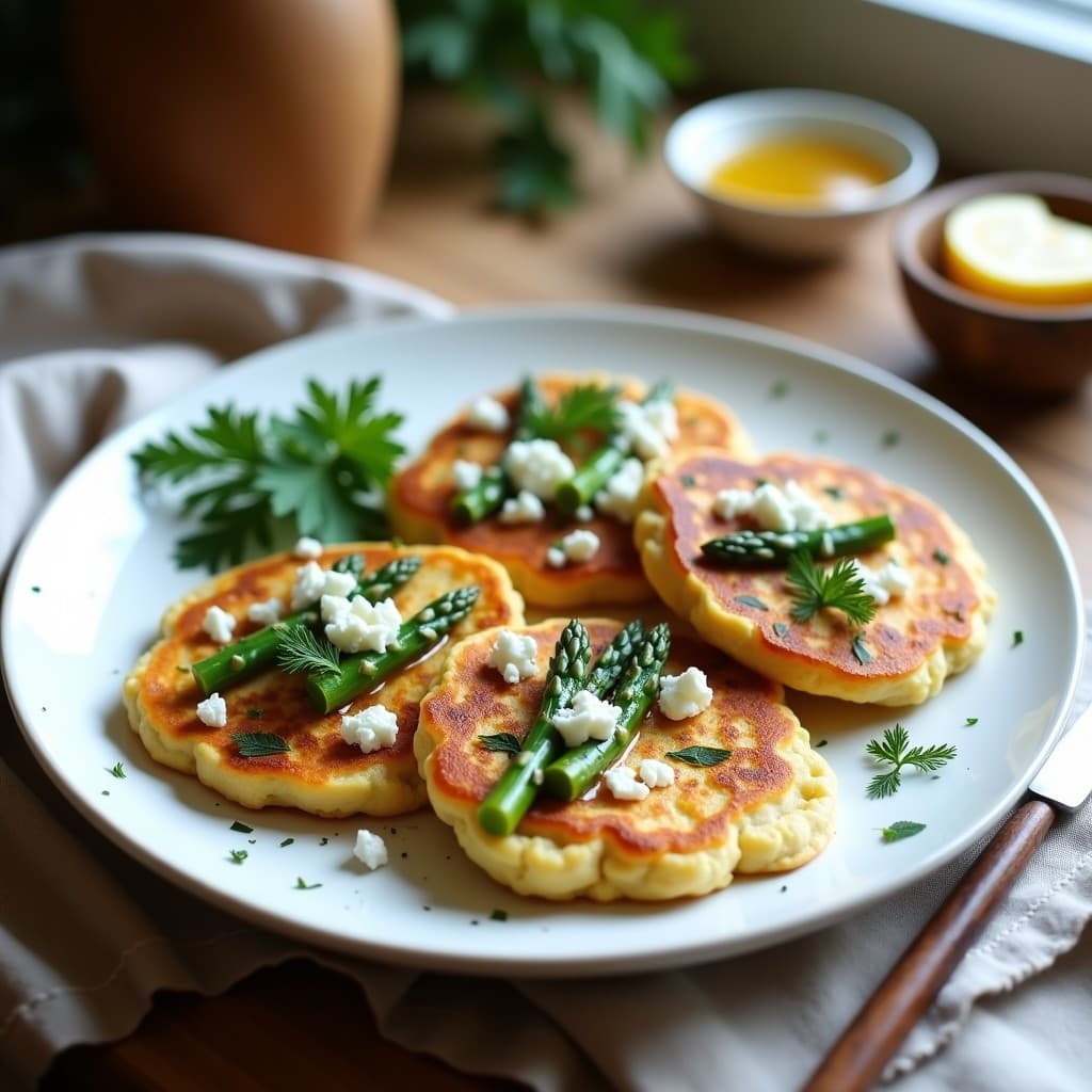 Tortitas doradas y crujientes de espárragos y queso de cabra sobre un plato de cerámica blanca, coronadas con puntas de espárragos salteados, queso de cabra derretido y un hilo de miel de tomillo, acompañadas de eneldo fresco y un fondo rústico de madera con utensilios de cocina griegos.
