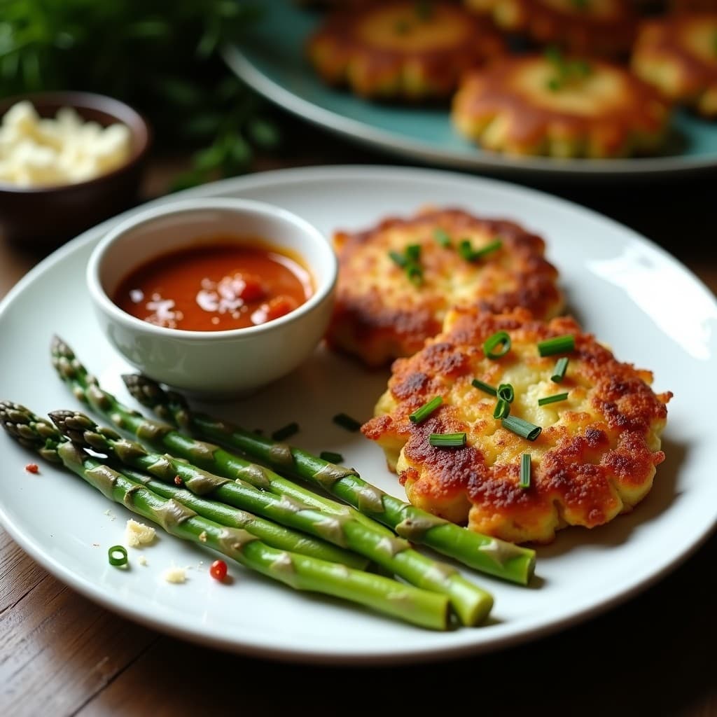 Tortitas doradas y crujientes de espárragos trigueros y queso de cabra servidas en plato rústico, acompañadas de salsa romesco espesa de color rojo intenso y perejil fresco picado. Receta en airfryer sin aceite, con textura esponjosa y sabores mediterráneos.