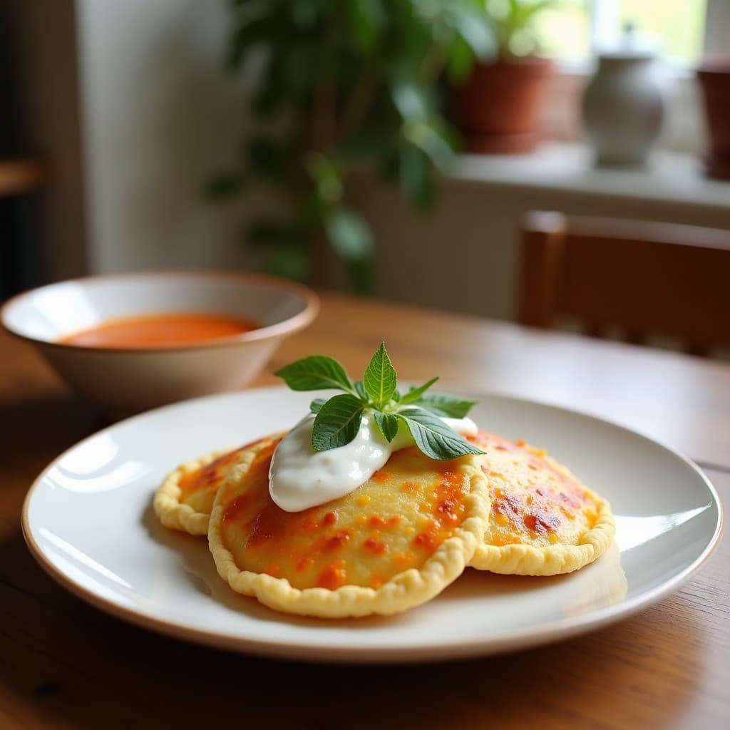 Tortitas doradas de espinaca y feta con textura esponjosa, servidas en un plato blanco con salsa de yogur cremosa, decoradas con semillas de sésamo y hojas de menta fresca. Desayuno mediterráneo rápido y saludable.
