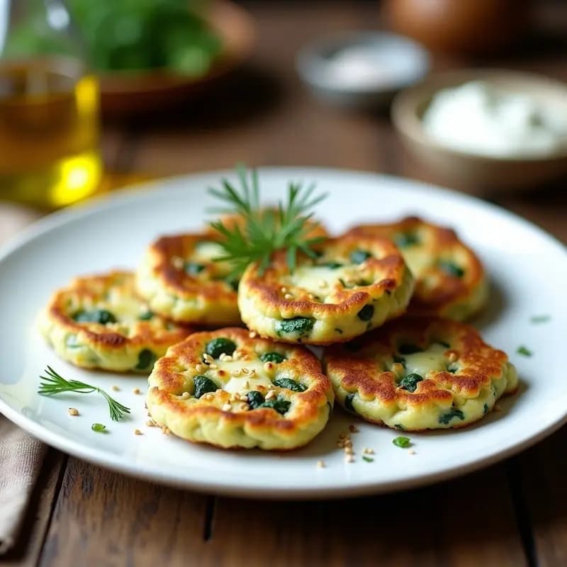 Tortitas esponjosas de espinaca y queso de oveja griego en plato blanco, con semillas de sésamo tostadas por encima, servidas con una ramita de eneldo fresco. Receta griega en Olla Express para tupper.