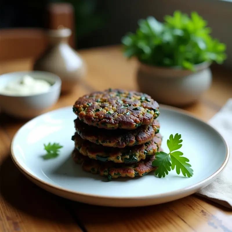Tortitas doradas de espinacas y arroz negro veganas apiladas en un plato blanco, con un fondo rústico y hierbas frescas alrededor.