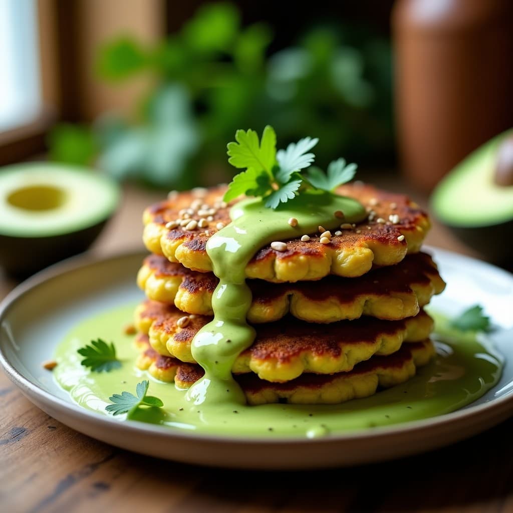 Plato de tortitas doradas de espinacas y queso de cáscara vegano, apiladas y bañadas con salsa de aguacate cremosa, decoradas con semillas de sésamo y hojas de cilantro fresco, sobre fondo rústico de madera.