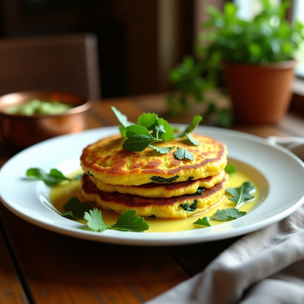 Plato blanco con tortitas doradas de espinacas y queso de cúrcuma keto, decoradas con hojas de cilantro fresco y rodajas de cebolla morada. Fondo con especias indias y aceite de coco.