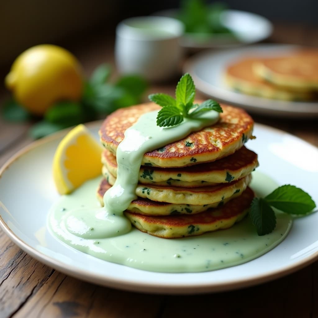 Tortitas doradas de espinacas y requesón apiladas en un plato blanco, acompañadas de salsa de yogur y menta verde. Desayuno alto en proteínas con toque fresco y saludable.