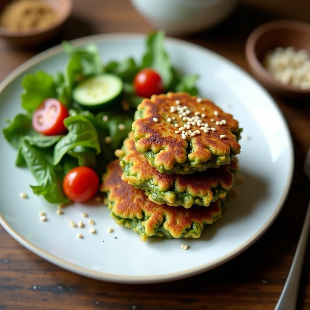 Tortitas doradas de espinacas y tofu apiladas en un plato blanco, con textura crujiente por fuera y verde vibrante por dentro, accompanyadas de una ensalada fresca.