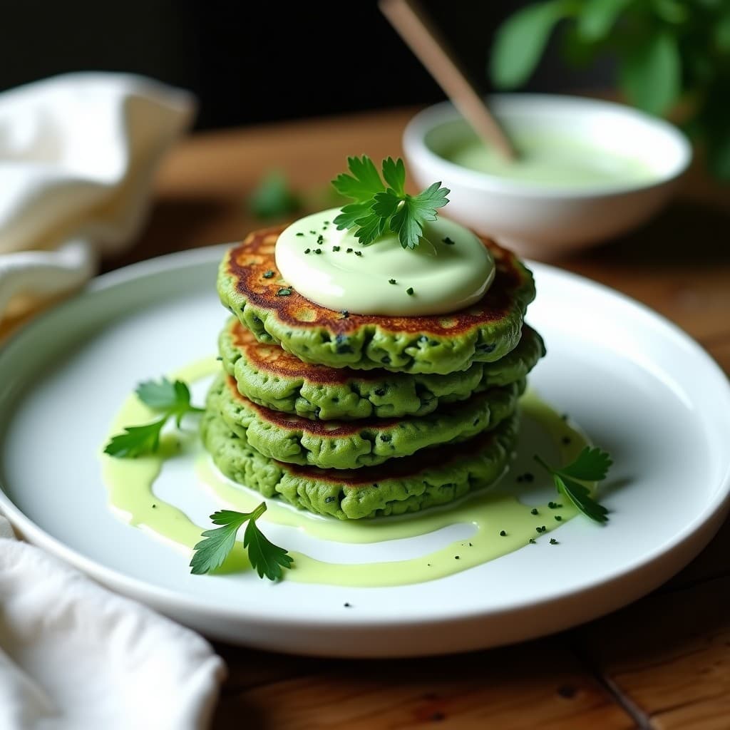 Plato blanco con tortitas de espirulina y huevos doradas, apiladas y bañadas en salsa de yogur de soja cremosa, decoradas con perejil fresco y rodajas de limón. Desayuno alto en proteína y sin gluten.