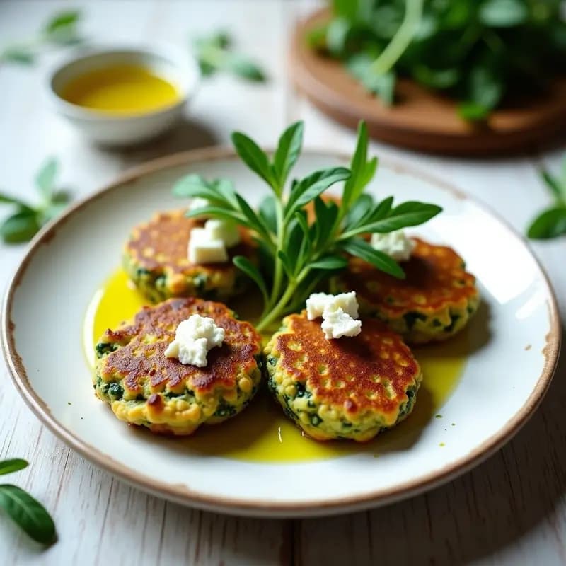 Plato blanco con tortitas doradas de espirulina y queso feta, decoradas con hojas de rúcula fresca y un hilo de aceite de oliva virgen extra. Aperitivo griego alta en proteína.