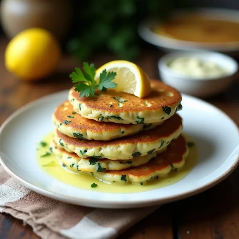 Plato blanco con tortitas finoas gallegas doradas, compuestas de espinacas y bacalao, servidas con una rodaja de limón y perejil fresco.