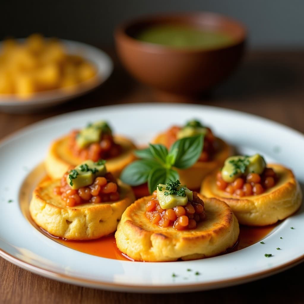 Tortitas doradas y esponjosas de harina de garbanzo y alcachofa, apiladas en un plato blanco con salsa de limón brillante y semillas de sésamo tostadas. Acompañadas de rodajas de limón y hierbas frescas, sobre un fondo rústico de madera. Receta de desayuno mediterráneo sin gluten.