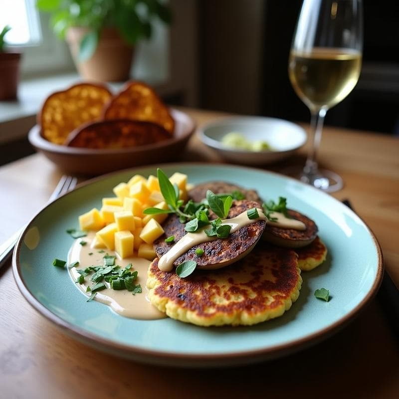 Plato blanco con tortitas doradas de garbanzo, rodajas de berenjena asada y salsa de tahini cremosa, decorado con perejil fresco. Receta de desayuno mediterráneo sin gluten.