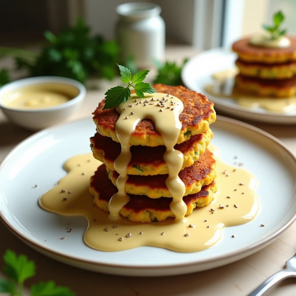 Tortitas doradas de garbanzo y calabacín apiladas sobre un plato blanco, con salsa de tahini y limón vertida por encima, espolvoreadas con semillas de sésamo. Plato de desayuno KetoSaludable en airfryer, con fondo de cocina minimalista y hierbas frescas.