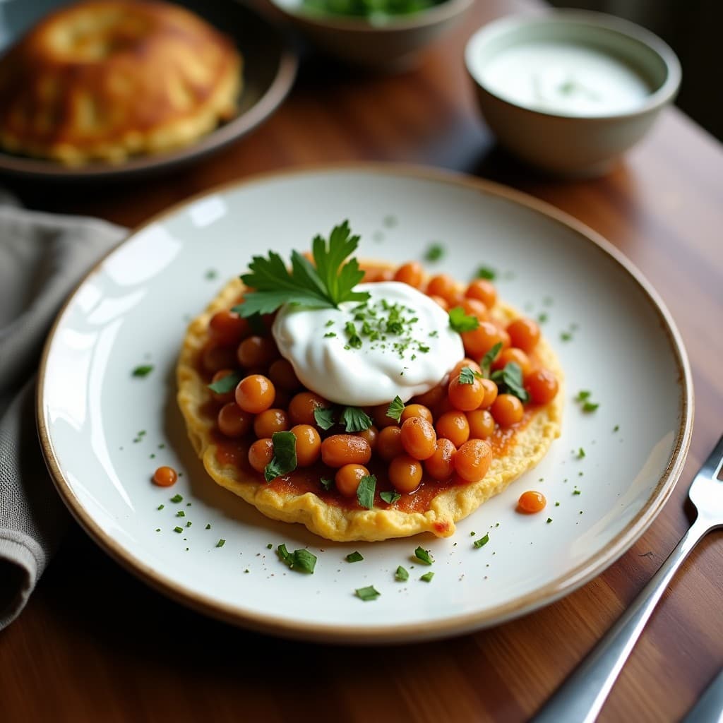 Plato de tortitas doradas de garbanzo y cebolla morada caramelizada, apiladas y acompañadas de un bol de yogur de soja cremoso con especias, decoradas con semillas de sésamo y hojas de cilantro fresco. Desayuno vegano alto en fibra y proteína.