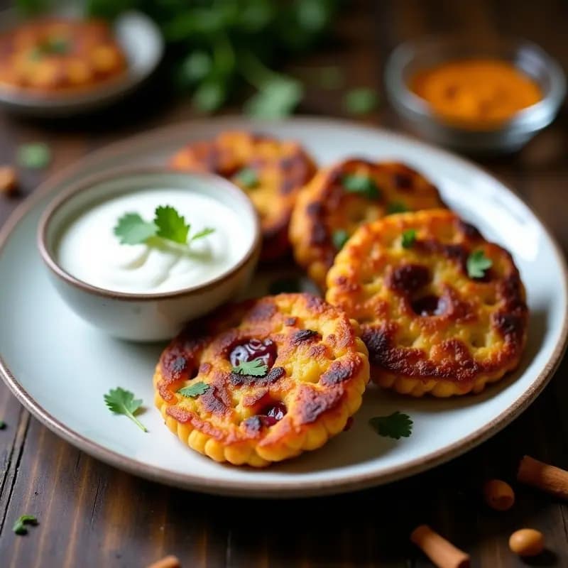 Plato blanco con tortitas doradas de garbanzo y cebolla morada, decoradas con semillas de sésamo y yogur de Suez cremoso, aperitivo indio sin gluten crujiente.