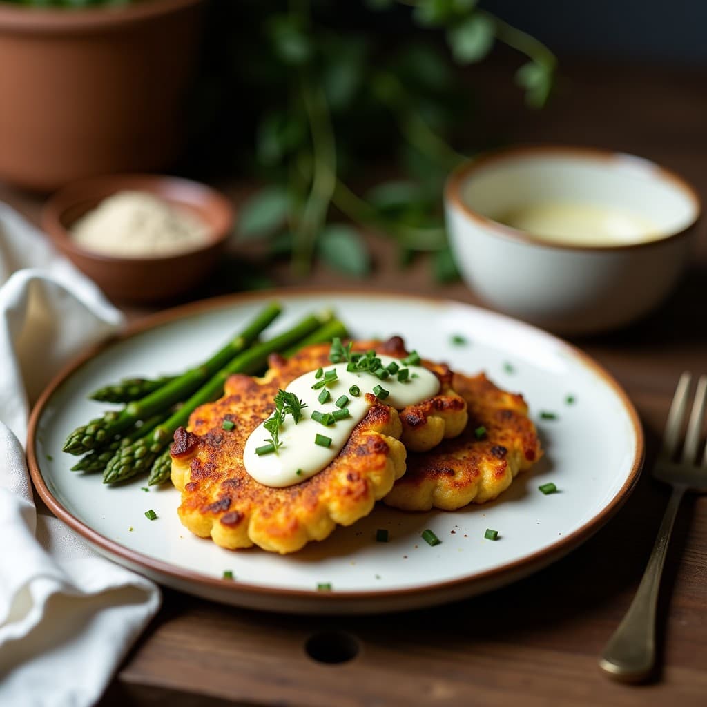 Tortitas doradas de garbanzo y espárragos trigueros servidas en plato blanco con alioli de ajo negro en cuenco pequeño, espolvoreadas con almendras fileteadas y perejil fresco, desayuno mediterráneo sin harina.