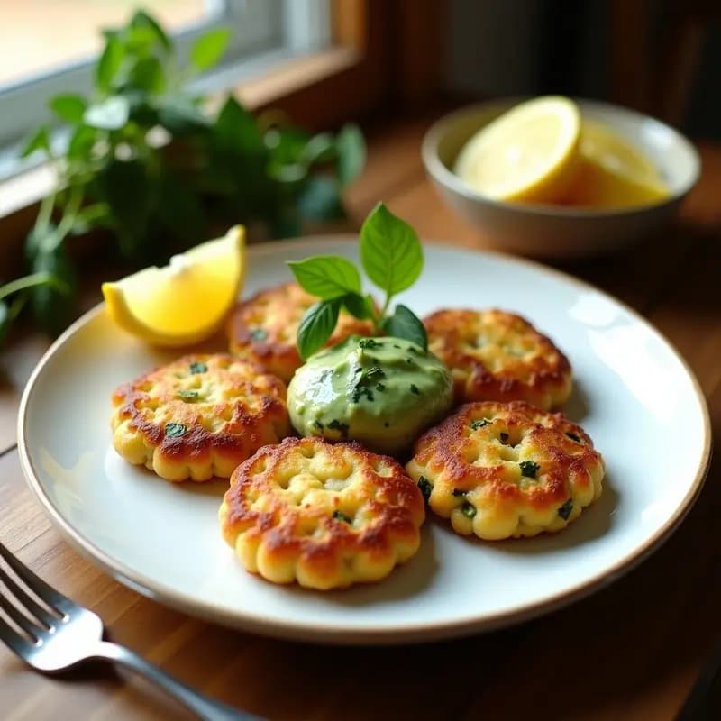 Plato blanco con 4 tortitas doradas de harina de garbanzo y espárragos, espolvoreadas con semillas de sésamo, acompañadas de un bol pequeño con salsa verde de hierbas. Receta italiana keto en 15 minutos.