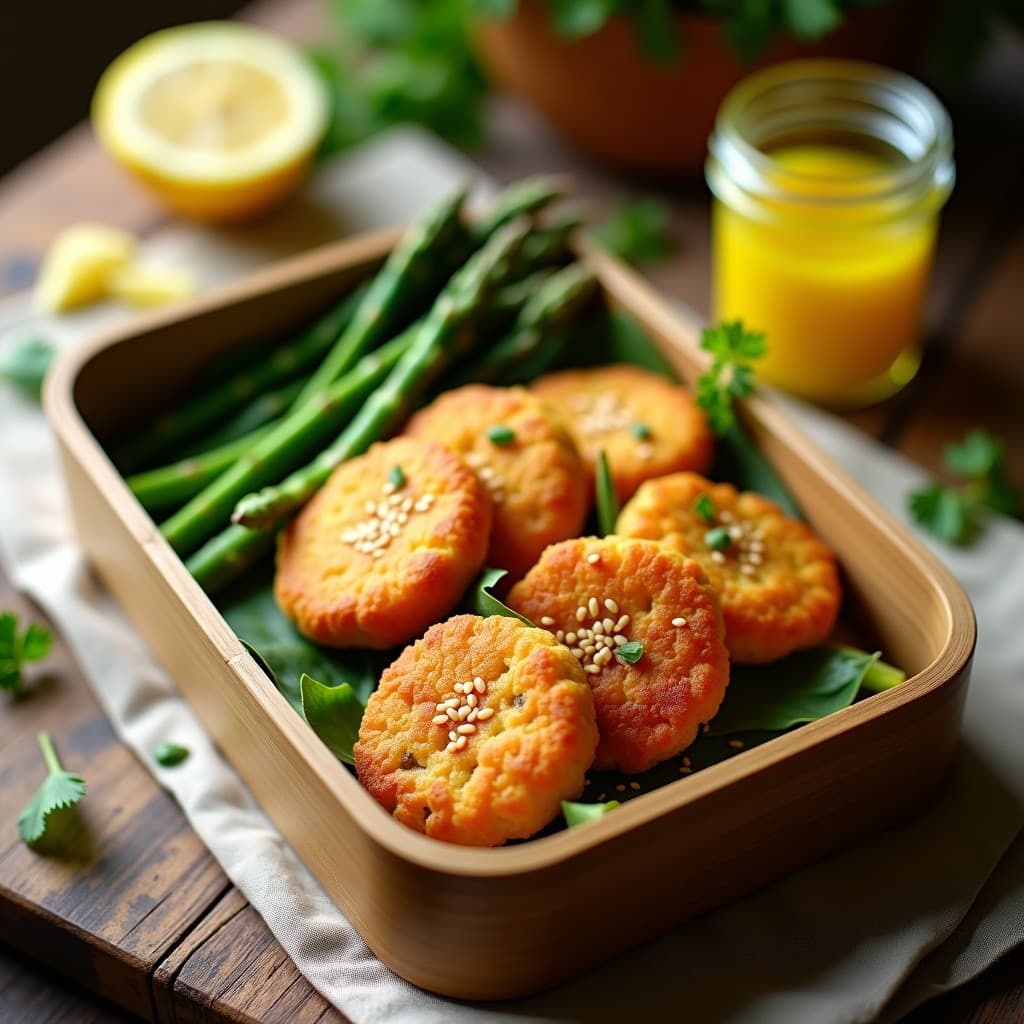 Tortitas doradas de harina de garbanzo con trozos de espárragos verdes, servidas en un tupper de cristal con vinagreta de limón y semillas de sésamo espolvoreadas. Receta italiana para tupper.