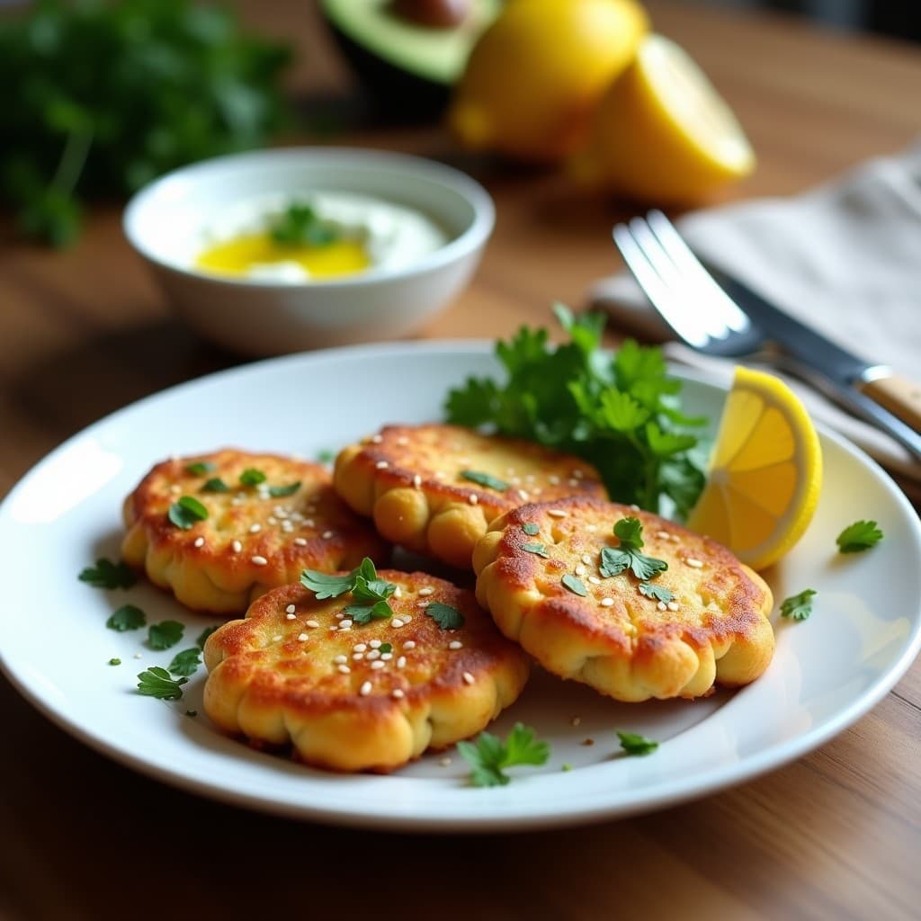 Plato blanco con tortitas doradas de garbanzo y cubitos de queso halloumi, decoradas con semillas de sésamo y perejil fresco. Acompañadas de un dip cremoso de aguacate y yogur griego, con rodajas de limón al lado. Receta de desayuno salado en Thermomix.