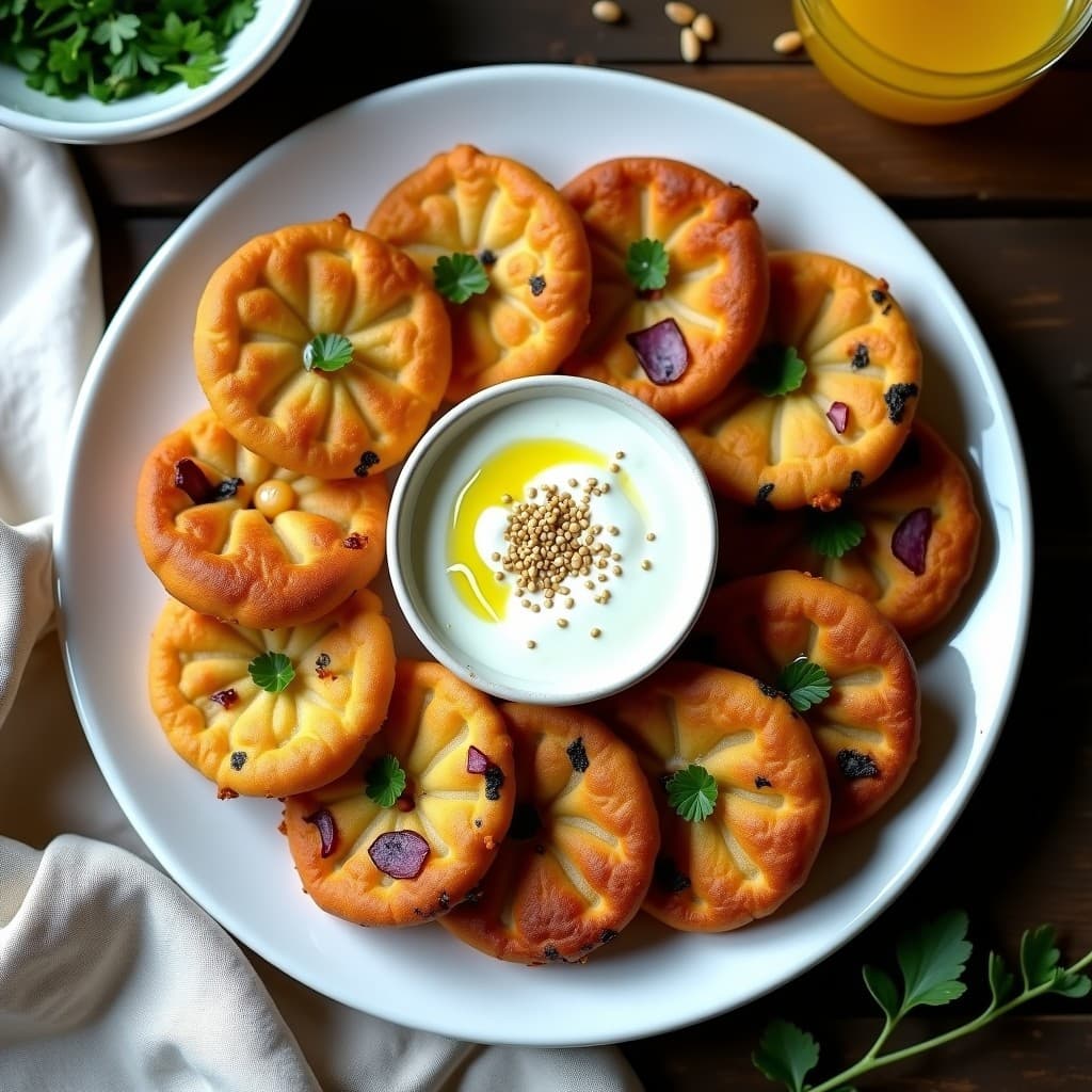 Tortitas doradas y crujientes de garbanzos y ajo negro servidas en un plato blanco con un bol de dip cremoso de yogur de soja, decoradas con perejil fresco y semillas de sésamo, fondo rústico de madera.