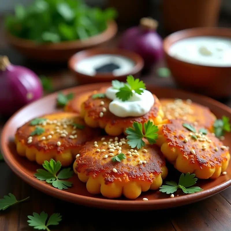 Plato de tortitas doradas de garbanzos con cebolla morada, servidas con salsa de yogur de soja cremosa y decoradas con semillas de sésamo y cilantro fresco, receta india sin harina.