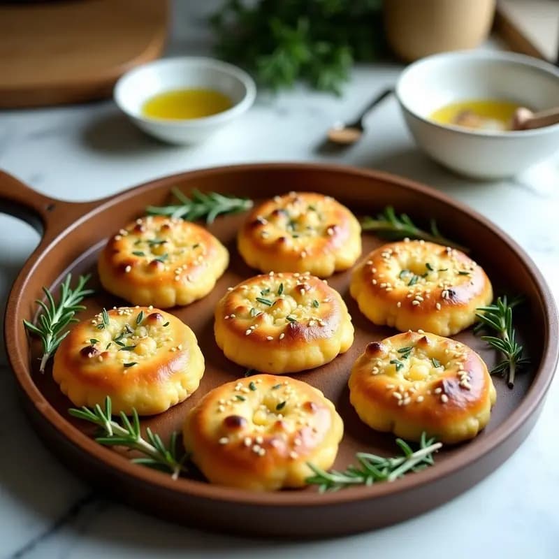 Tortitas doradas de garbanzos con hierbas provenzales sobre bandeja de madera, espolvoreadas con semillas de sésamo y acompañadas de ramitas frescas de tomillo y romero. Desayuno francés sin gluten y alto en fibra.
