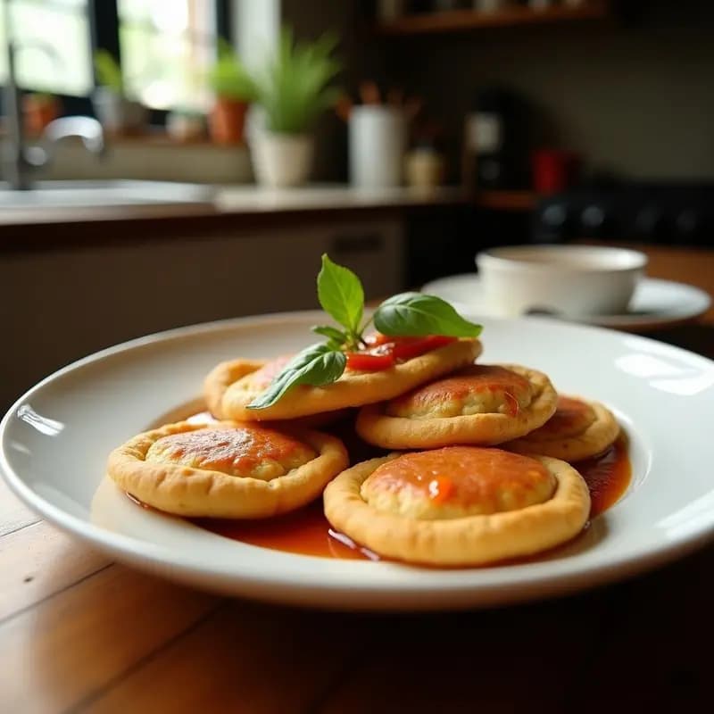 Plato grande con tortitas gigantes doradas cubiertas de queso cheddar derretido, trozos de tocino crujiente y sirope de arce brillante, desayuno americano hipercalórico.