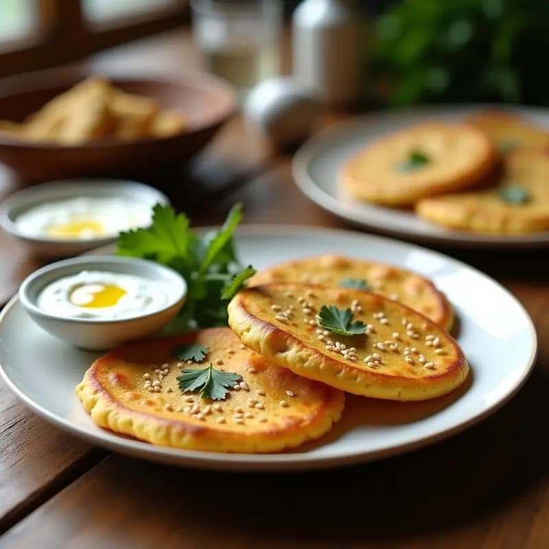 Plato blanco con tortitas doradas de harina de garbanzo, decoradas con semillas de sésamo y cilantro fresco, acompañadas de salsa de yogur y menta sobre fondo rústico de madera.