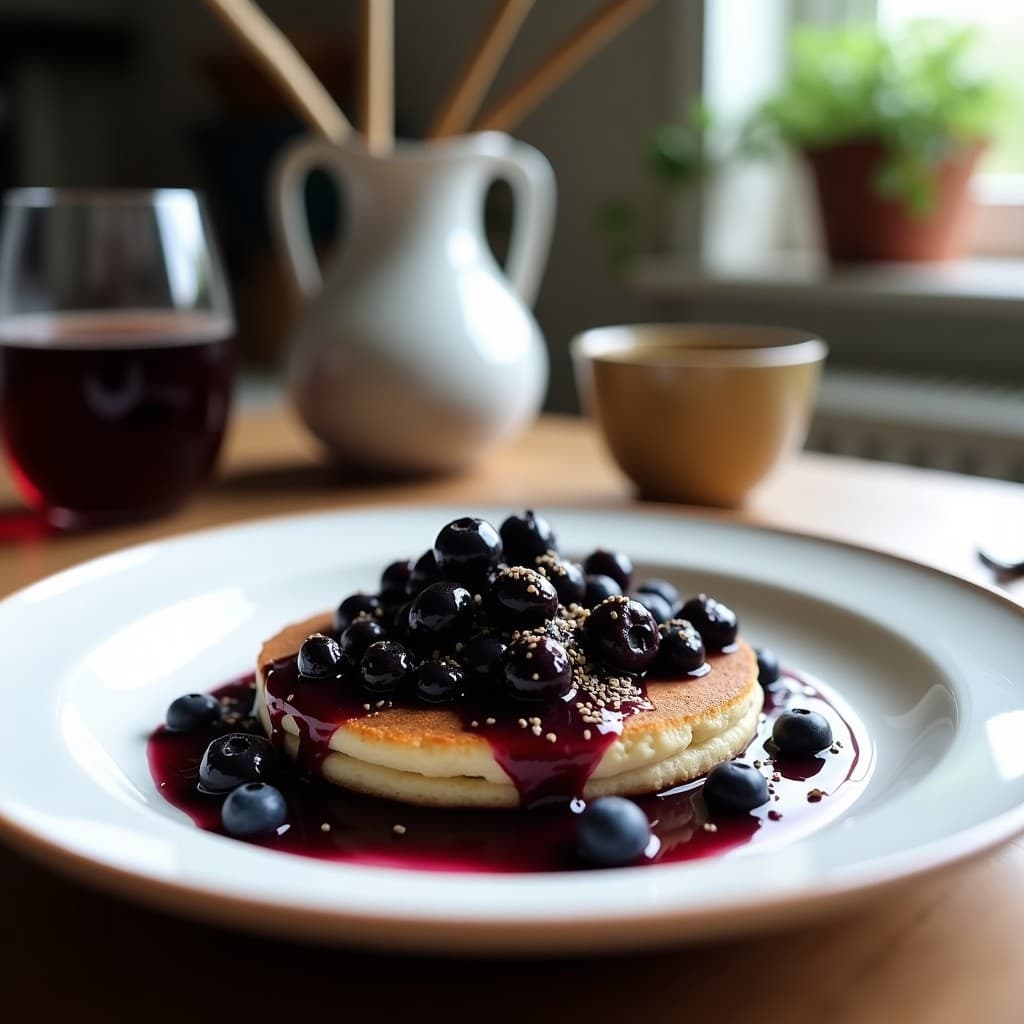Plato blanco con tortitas doradas de harina de guisante, cubiertas con compota de arándanos rojos y semillas de cáñamo espolvoreadas. Desayuno francés vegano saludable y alto en proteína.