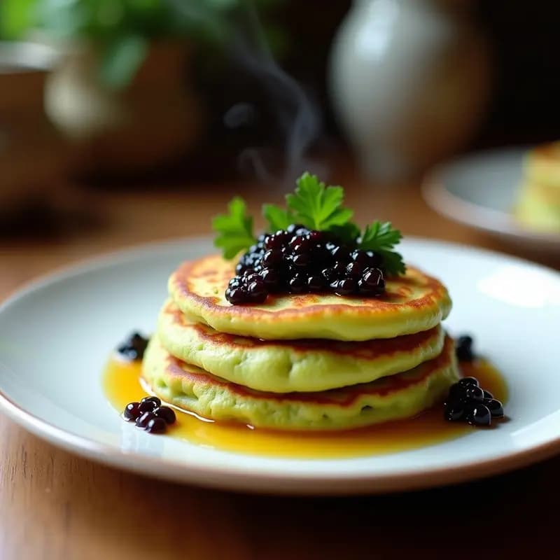 Plato blanco con tortitas doradas de harina de guisante apiladas, coronadas con caviar de berenjena oscuro y perejil fresco. Desayuno proteico y sin gluten, servido con tenue humo de fondo.