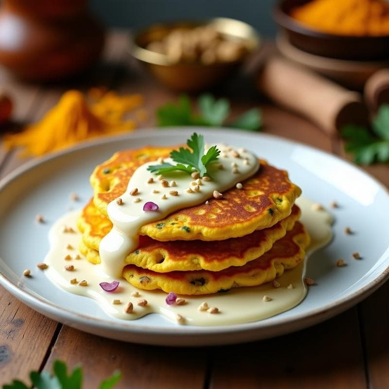 Plato blanco con tortitas doradas de harina de guisante y cúrcuma, apiladas y bañadas con crema de anacardos cremosa, decoradas con cebollino picado y rodajas de limón. Desayuno indio sin gluten, alto en proteína y saludable.