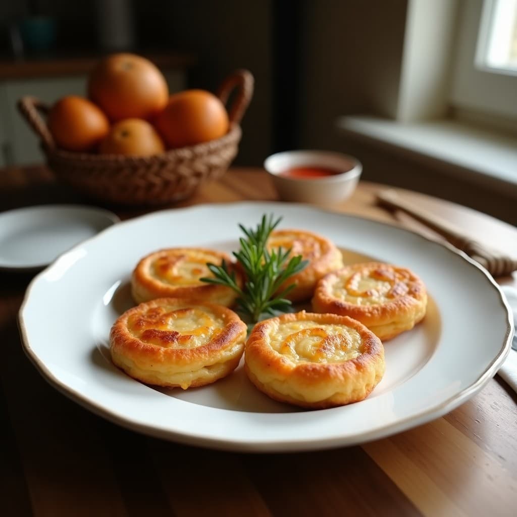 Plato blanco con tortitas doradas de harina de algodón y blueberries, apiladas y coronadas con arándanos frescos y un hilo de sirope de arce, sobre fondo de madera rústica.