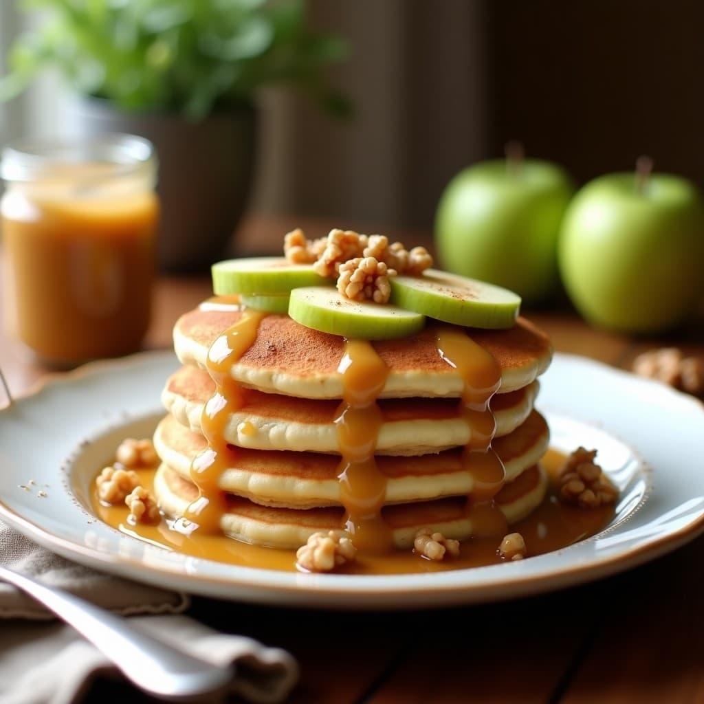 Tortitas doradas y esponjosas de harina de algodón apiladas, con crema de cacahuete derretida y rodajas de manzana verde salteada, decoradas con nueces picadas y un toque de canela, sobre un plato blanco rústico con fondo de cocina cálido.